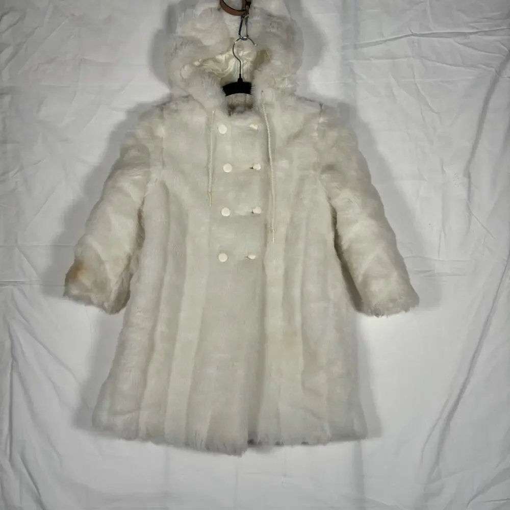Vtg F.W. Fisher Designs Child White Faux‎ Fur Hooded Coat Size 6 Made in USA